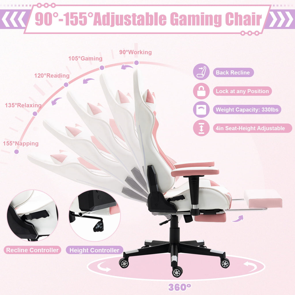 AVAWING Adult Gaming Chair, Ergonomic Leather Gaming Chair with Footrest, Lumbar Support and Headrest, Pink-White