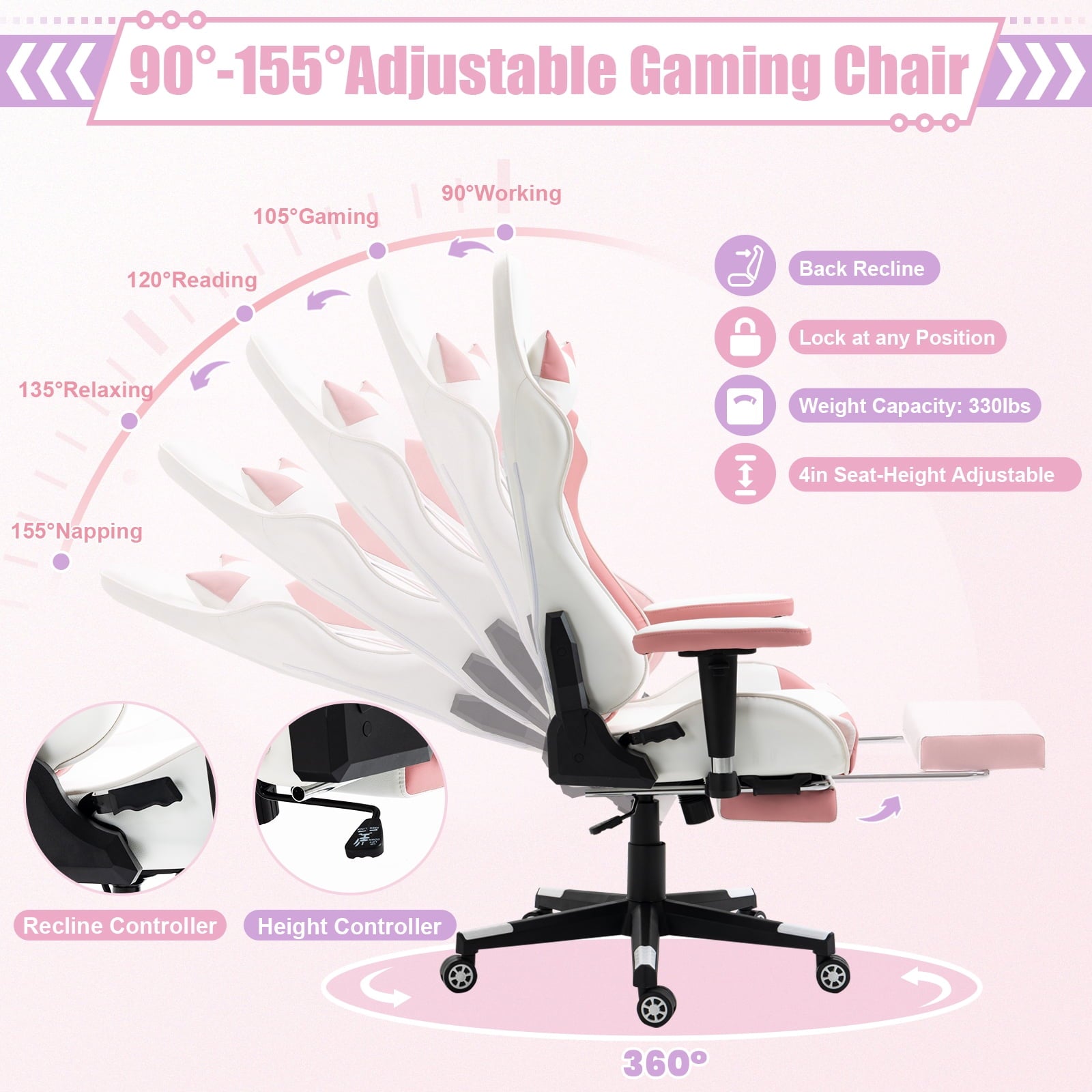 AVAWING Adult Gaming Chair, Ergonomic Leather Gaming Chair with Footrest, Lumbar Support and Headrest, Pink-White