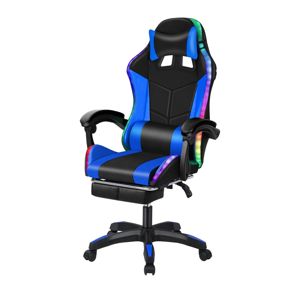 Gaming Chair with Bluetooth Speakers and LED Lights Ergonomic Massage Video Game Chair with Footrest High Back with Lumbar Support Blue and Black