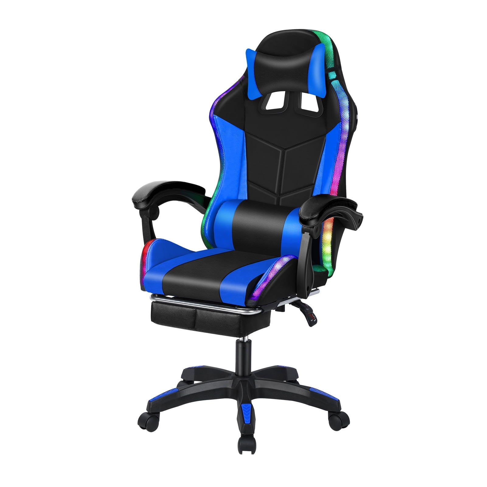Gaming Chair with Bluetooth Speakers and LED Lights Ergonomic Massage Video Game Chair with Footrest High Back with Lumbar Support Blue and Black