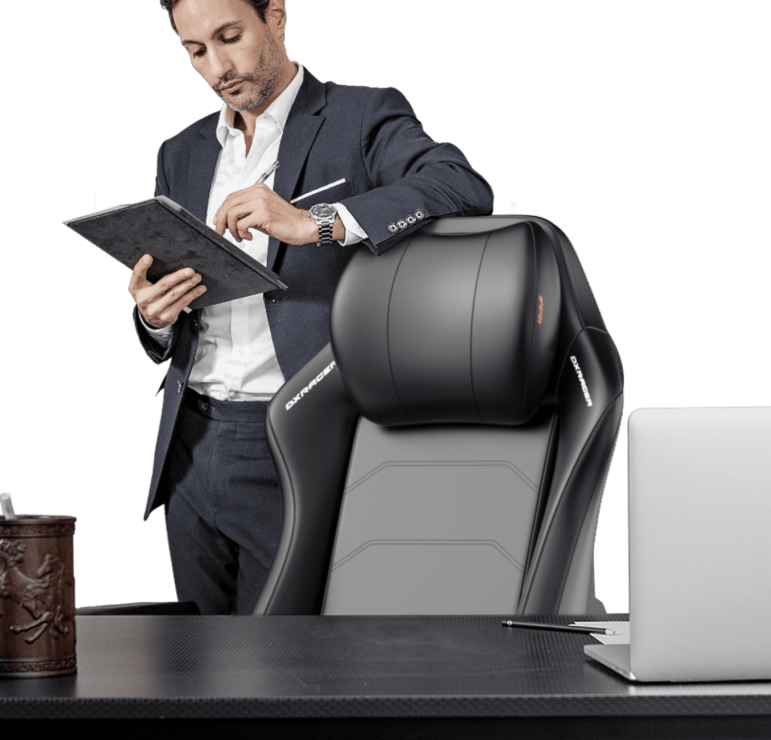 DXRacer Master Series Luxury Egnomic Office Chair for Big and Tall, with EPU Leatherette Upholstery, head rest and intergrated lumbar support, Black