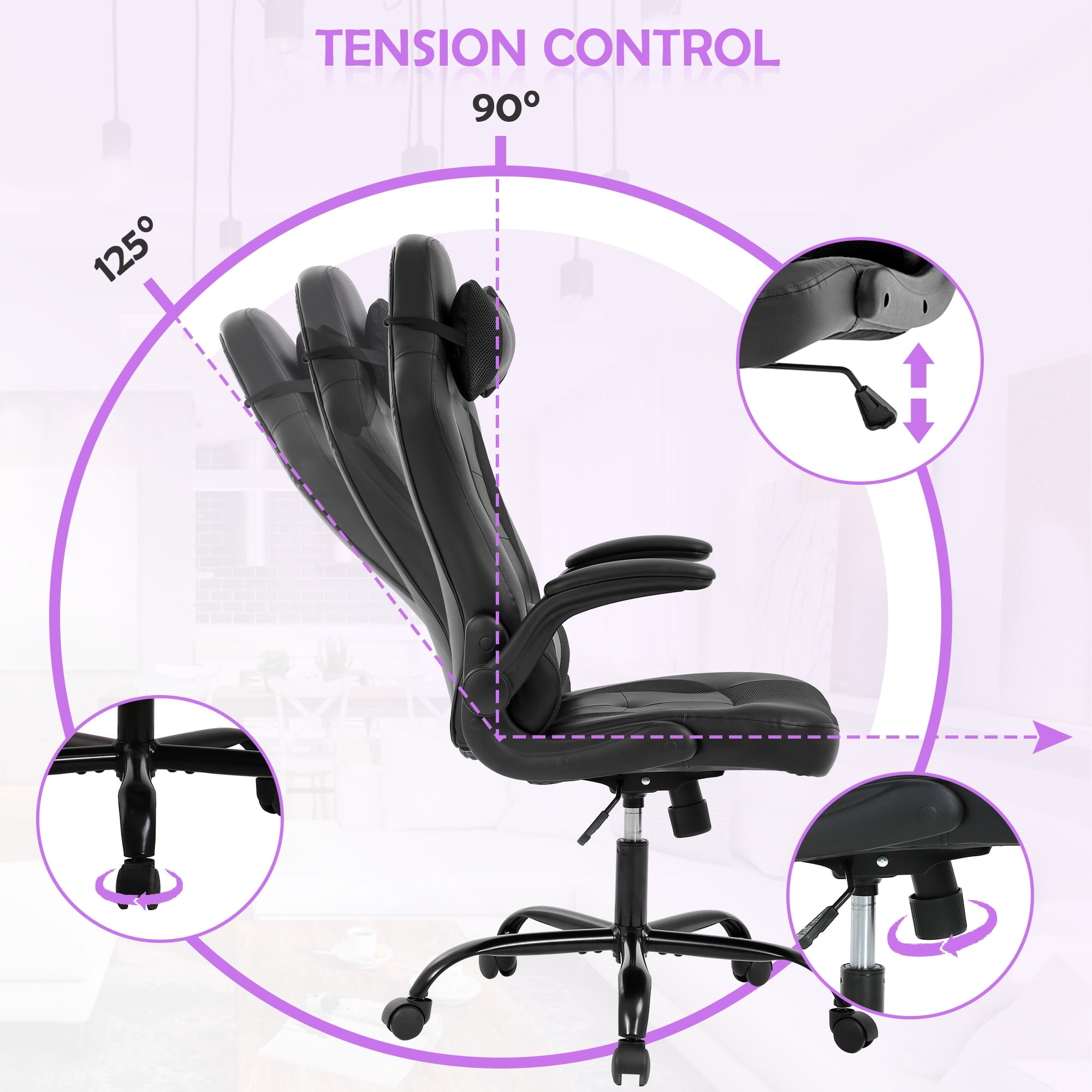 CL.HPAHKL Gaming Chair, Office Chair Video Game Chair for Adults Ergonomic PU Leather Gaming Office Chair Adjustable Armrest PC Gamer Chair (Black)