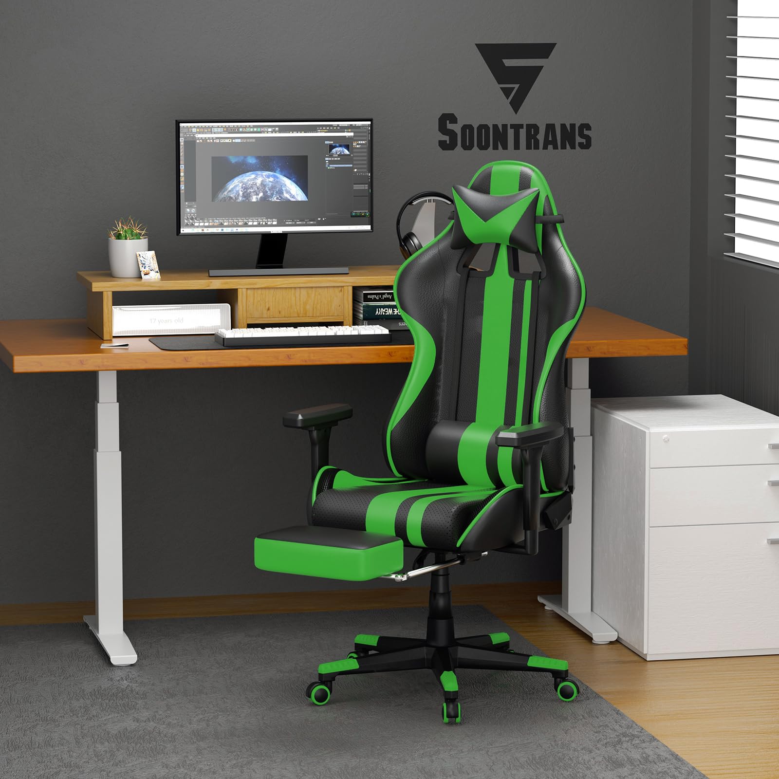 Gaming Chair with Footrest, Leather Ergonomic Gaming Chairs for Adults with Massage Lumbar Support & Headrest for Office Work, Comfortable Computer Chair, Green