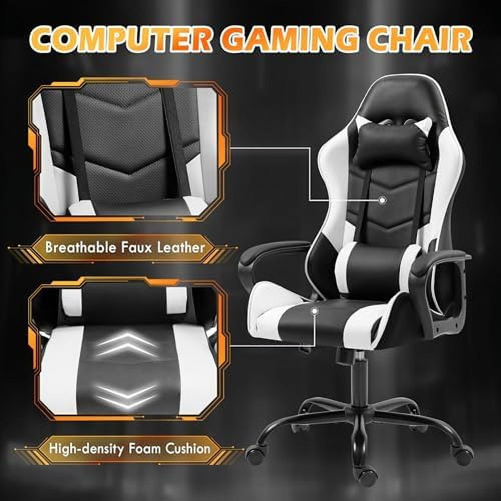 Gaming Chair, Ergonomic Computer Gamer Chair with Massage Lumbar Support & Rocking High Back, 360° Swivel Video Game Chair for Gaming or Office, Height Adjustable (White)