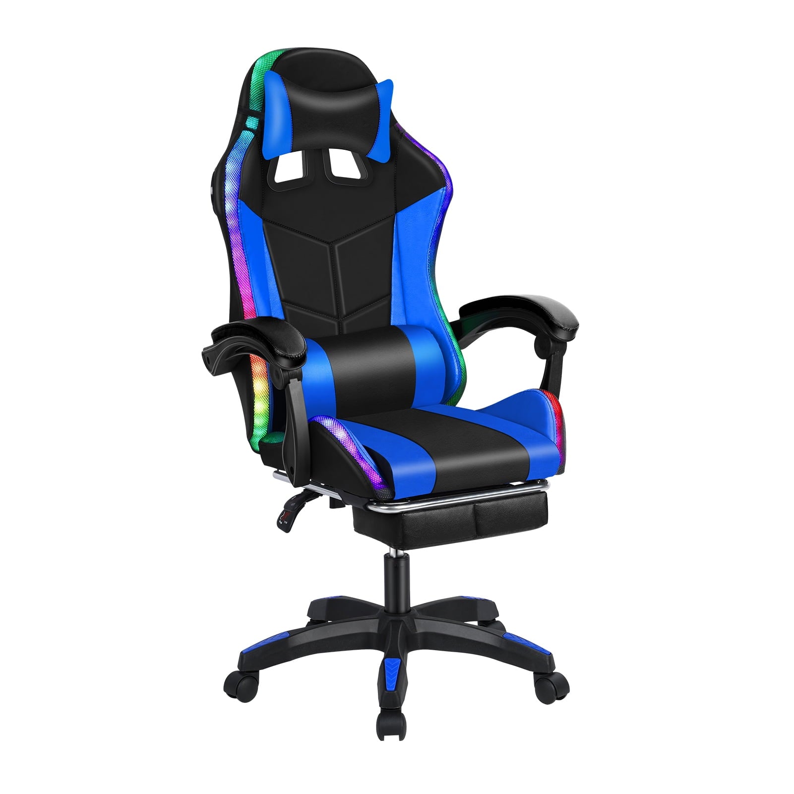 Gaming Chair with Bluetooth Speakers and LED Lights Ergonomic Massage Video Game Chair with Footrest High Back with Lumbar Support Blue and Black