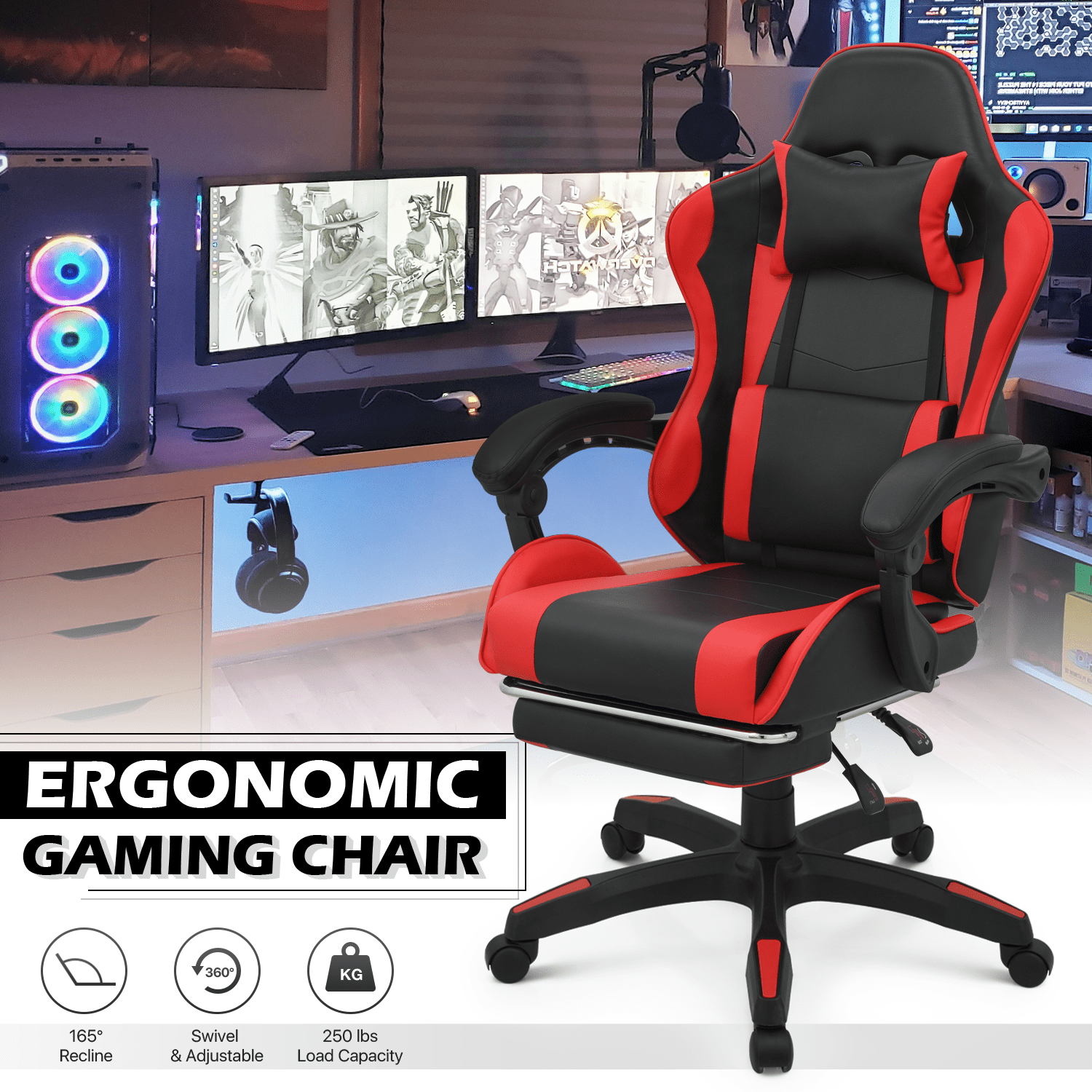 MoNiBloom Gaming Office Chair, Ergonomic High Back Gaming Chair with Headrest and Lumbar Support, Ergonomic Swivel Chair , Red