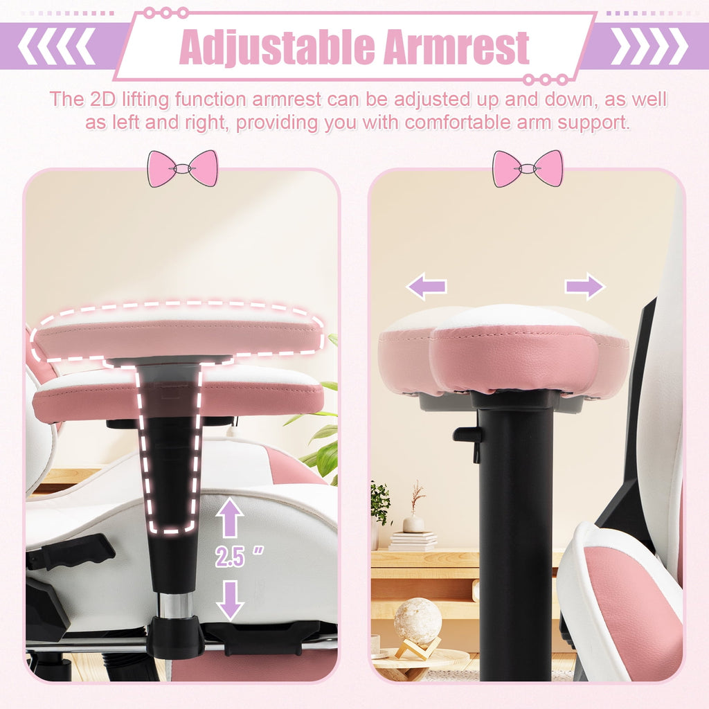 AVAWING Adult Gaming Chair, Ergonomic Leather Gaming Chair with Footrest, Lumbar Support and Headrest, Pink-White