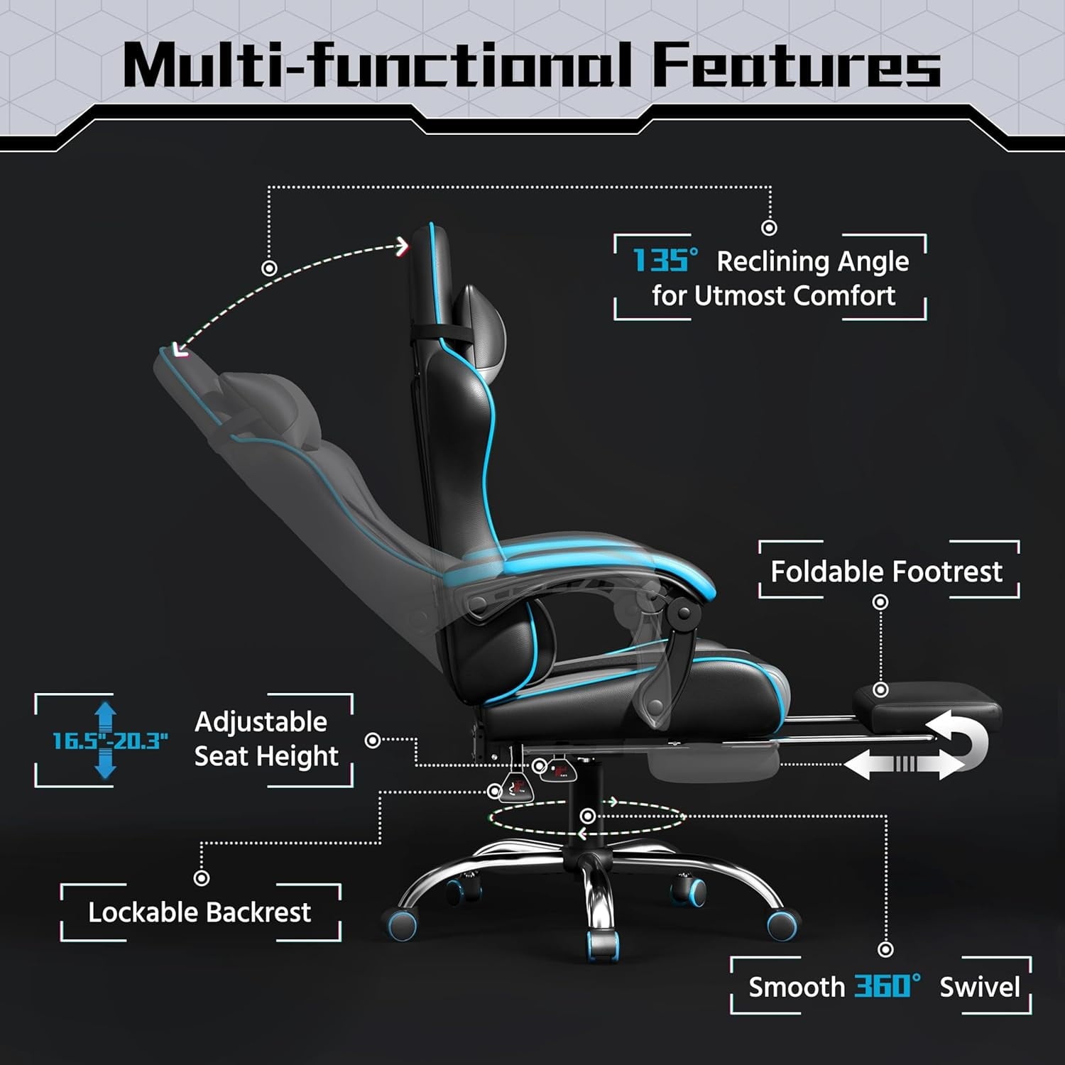 Gaming Chair, Video Game Chair with Massage Lumbar Support and Footrest Height Adjustable Ergonomic Computer Chair with Swivel Seat and Headrest, Black/Gray