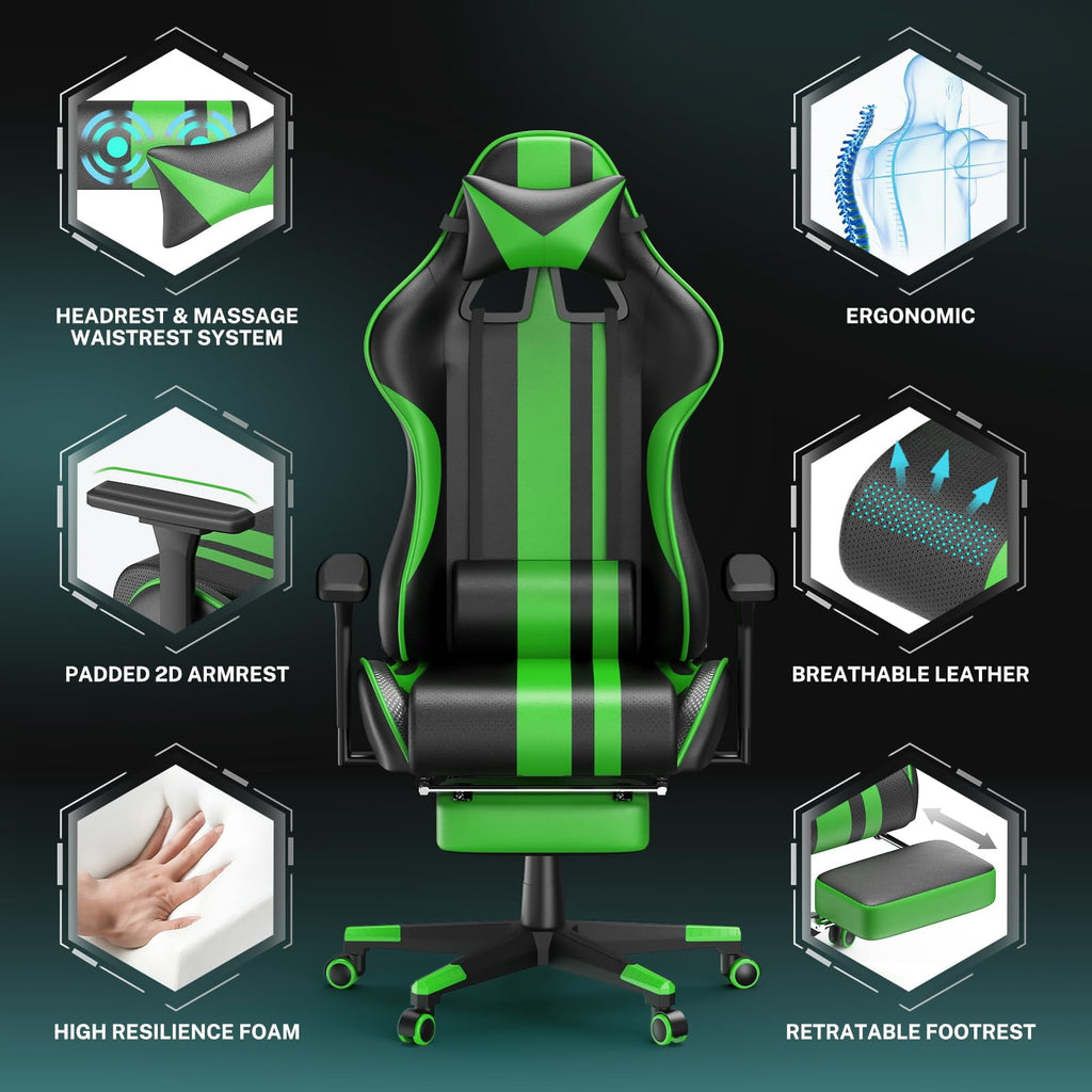 Gaming Chair with Footrest, Leather Ergonomic Gaming Chairs for Adults with Massage Lumbar Support & Headrest for Office Work, Comfortable Computer Chair, Green