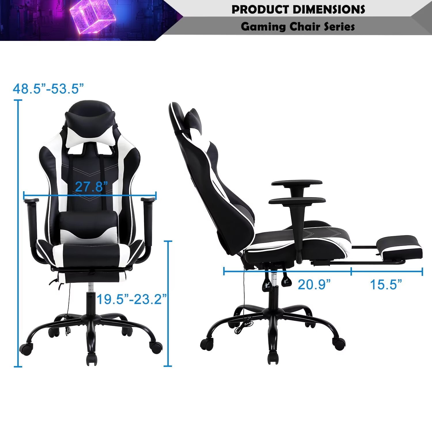 YRLLENSDAN Adjustable Office Chair with Lumbar Support, Reclining Gaming Chair with Massager, Ergonomic High Back Computer Chair with Footrest and Lumbar Support, White
