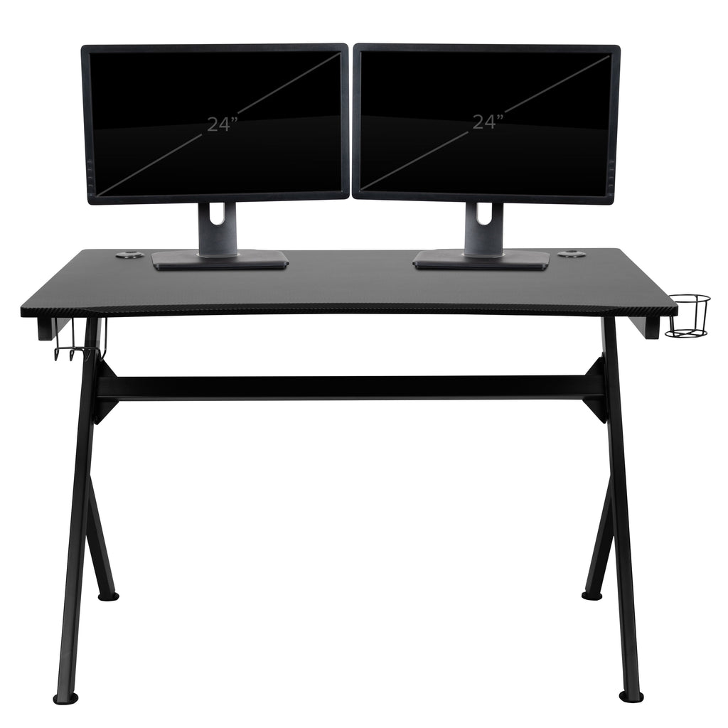 Emma + Oliver Black/Black Gaming Desk Set - Cup/Headset Holder/Reclining & Footrest