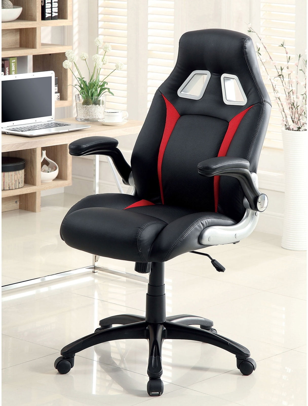 JONPONY Gaming Chair Upholstered 1pc Comfort Adjustable Chair Relax Office Chair Work Black And Red Color Padded Armrests