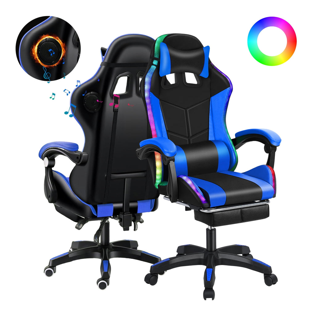 Gaming Chair with Bluetooth Speakers and LED Lights Ergonomic Massage Video Game Chair with Footrest High Back with Lumbar Support Blue and Black