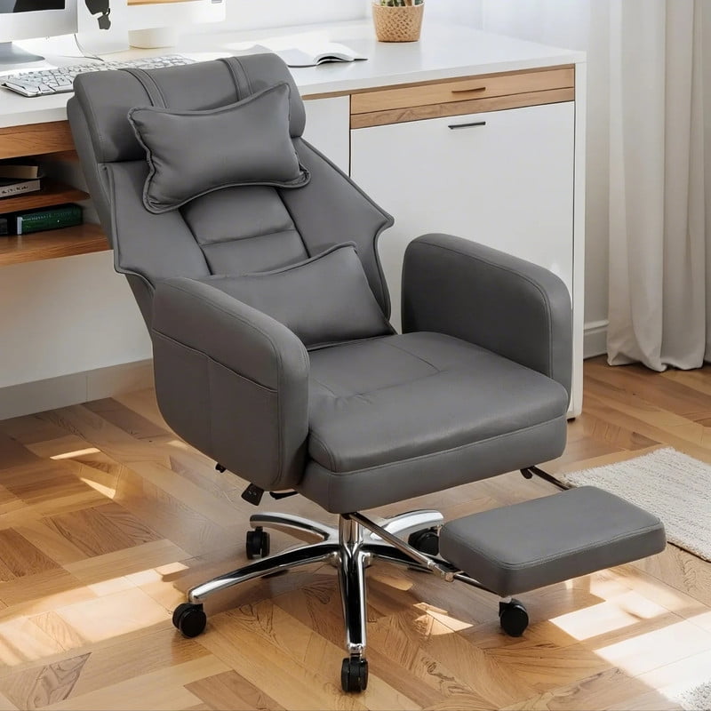 EBQOSK Swivel Ergonomic Office Chair, Technology Leather High Back Office Chair with Lumbar Support Headrest, Sedentary Comfortable Boss Chair, 155° Reclining Computer Chair Dark Gray