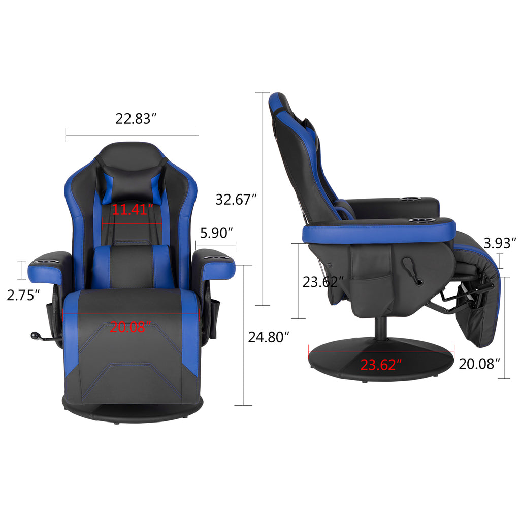 Video Gaming Chair Recliner Ergonomic High Back Swivel Reclining Chair with Cupholder, Headrest, Lumbar Support, Adjustable Backrest and Footrest, Black Blue