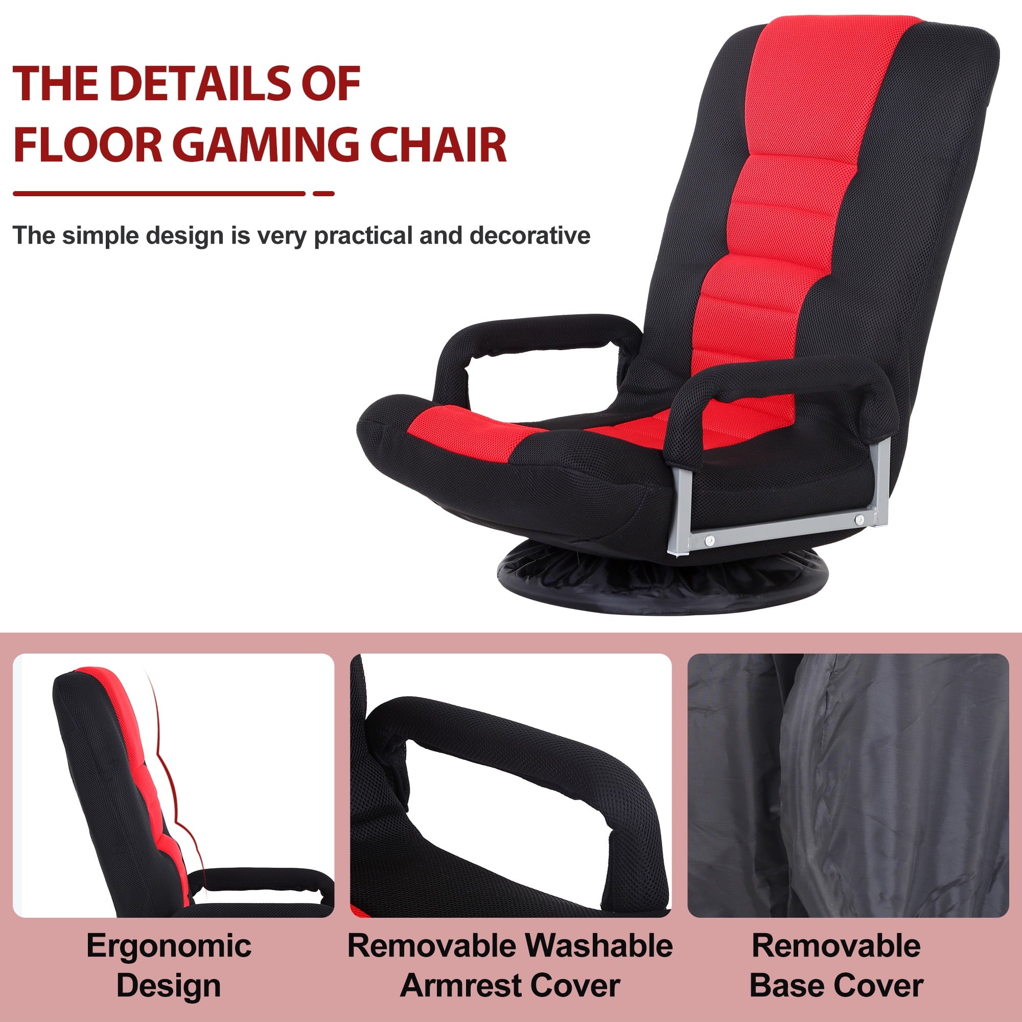 YRLLENSDAN 310 lbs Folding Swivel Gaming Floor Chair Video Game, 5 Positions Gaming Chairs for Adults Recliner Without Wheels Adjustable Backrest Rocker Floor Gamer Chair with Armrest Handles