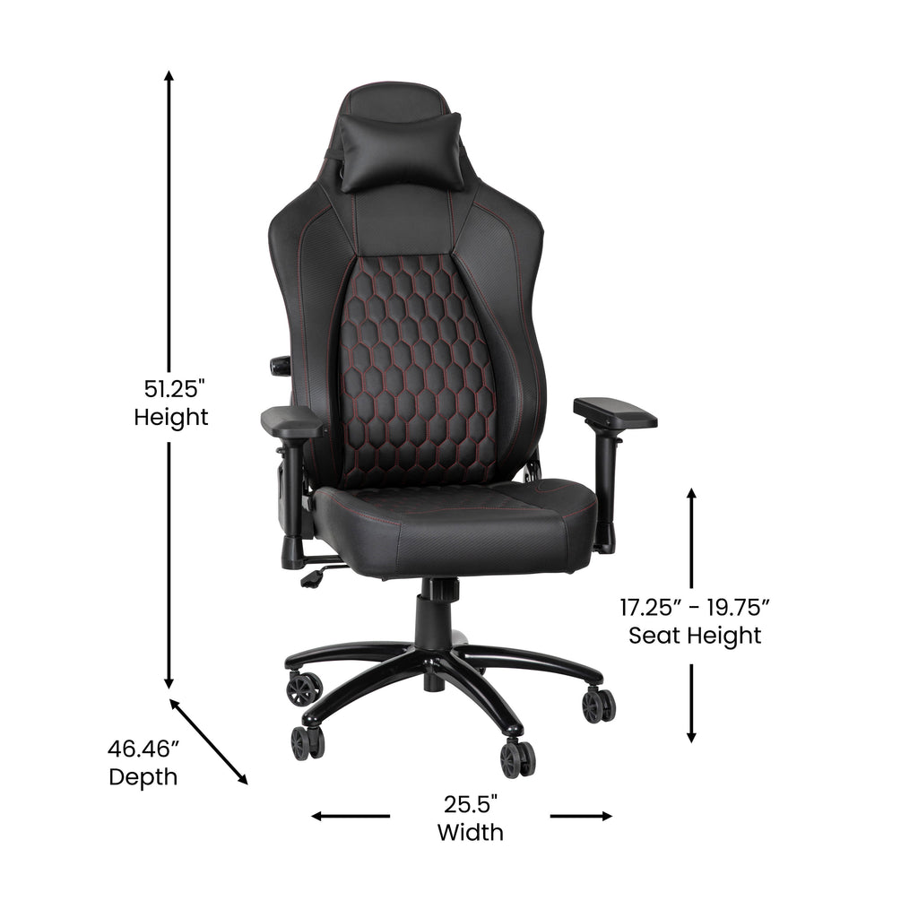 EMMA + OLIVER Gaming Chair with Adjustable Lumbar Support and Head Pillow, Black/Red