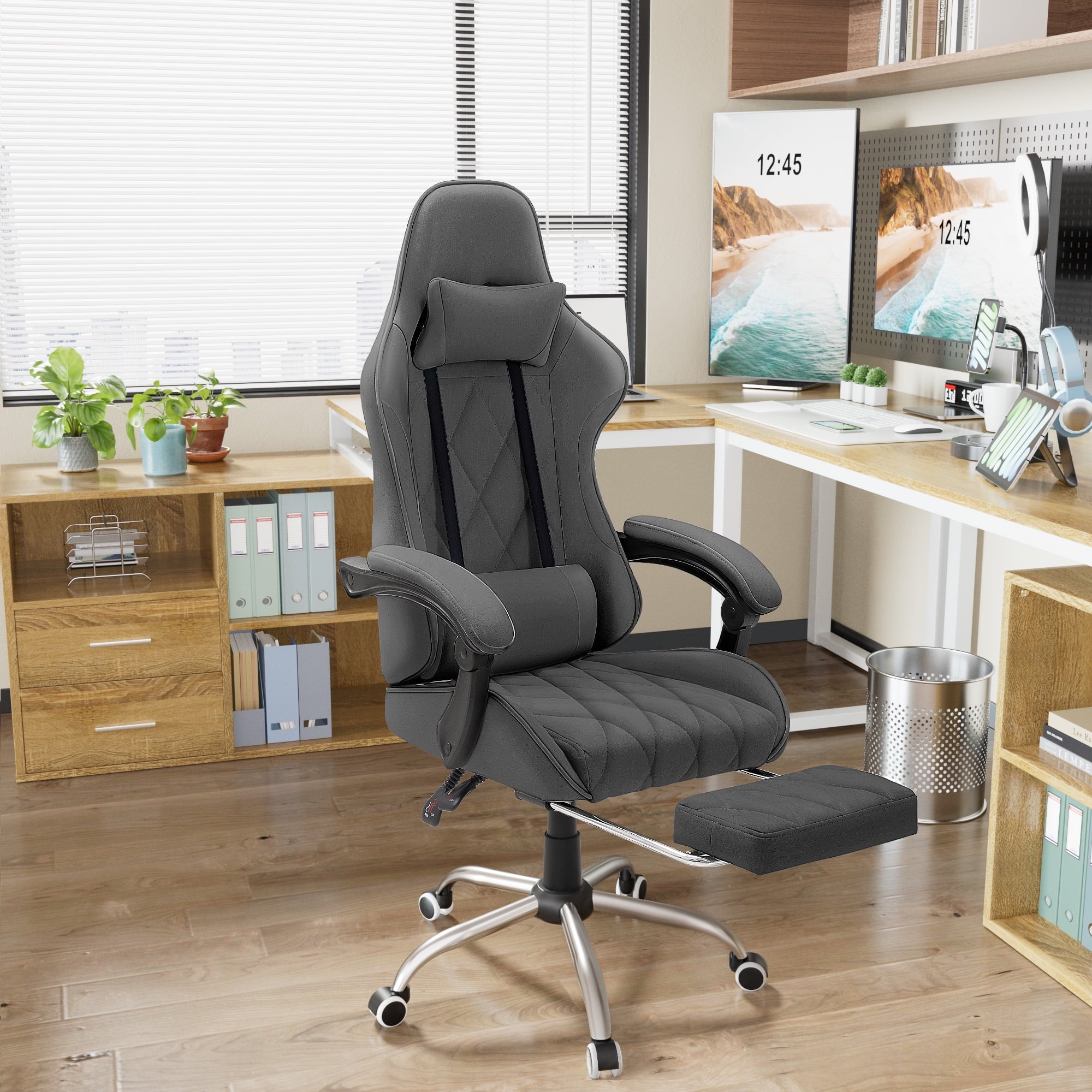 Homall Gaming Chair Fabric Computer Chair Massage Game Chair Cloth Office Chair with Headrest, Lumbar Support & Footrest,Gray