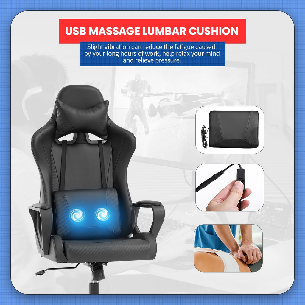 YRLLENSDAN Ergonomic Gaming Chair Video Game with Massager, Black Computer Chair with Arms and Back Support Adjustable Height High-Back Office Chair with Lumbar Support