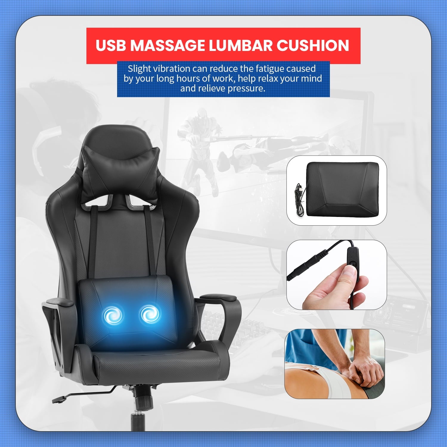 YRLLENSDAN Ergonomic Gaming Chair Video Game with Massager, Black Computer Chair with Arms and Back Support Adjustable Height High-Back Office Chair with Lumbar Support