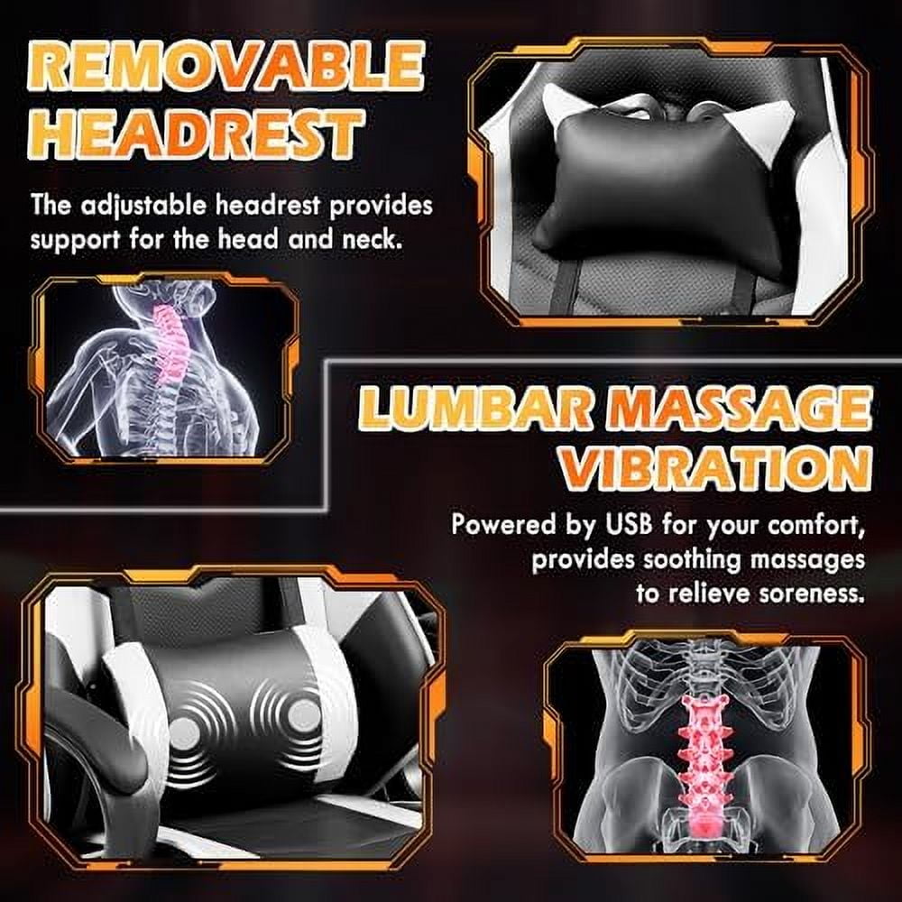 Gaming Chair, Ergonomic Computer Gamer Chair with Massage Lumbar Support & Rocking High Back, 360° Swivel Video Game Chair for Gaming or Office, Height Adjustable (White)