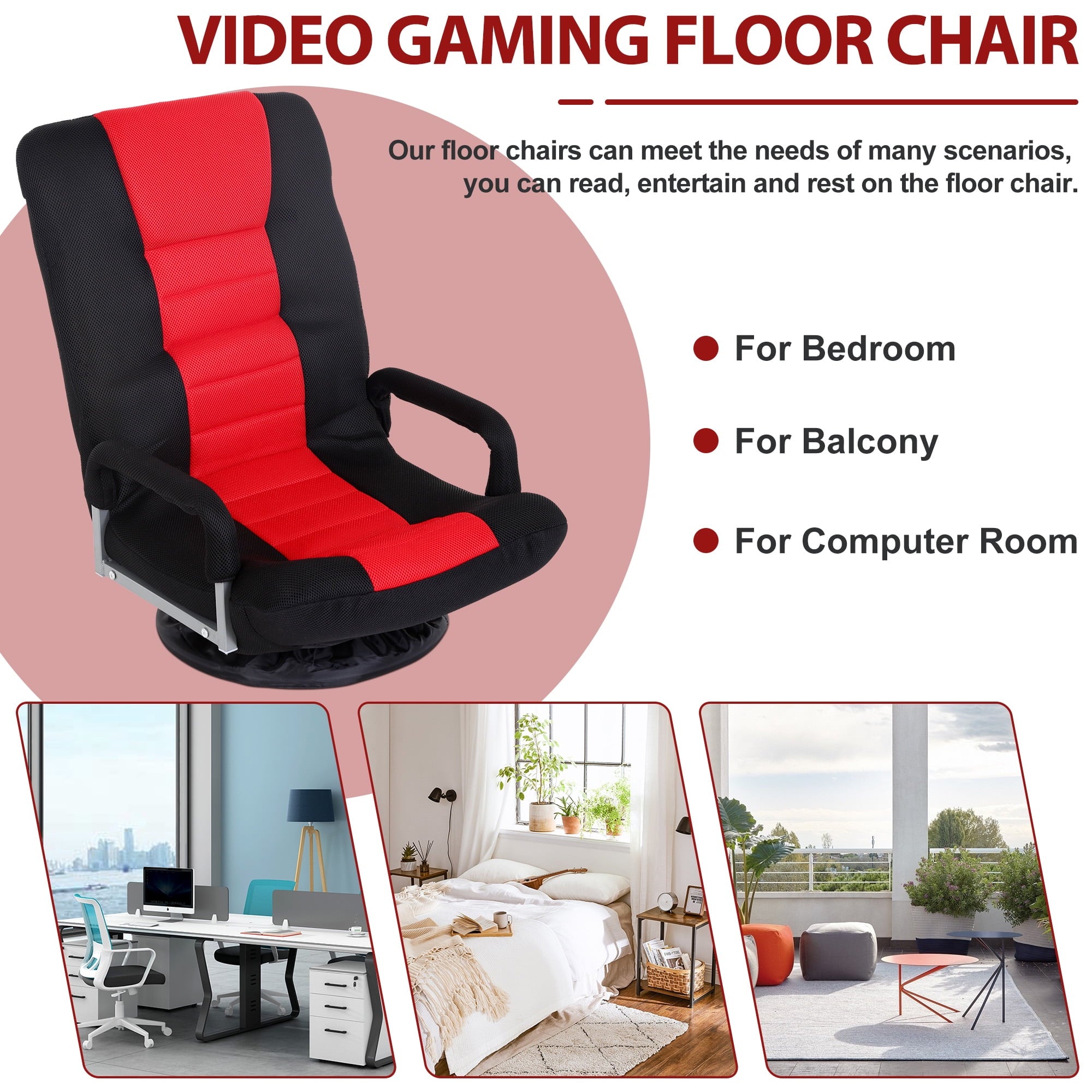 YRLLENSDAN 310 lbs Folding Swivel Gaming Floor Chair Video Game, 5 Positions Gaming Chairs for Adults Recliner Without Wheels Adjustable Backrest Rocker Floor Gamer Chair with Armrest Handles