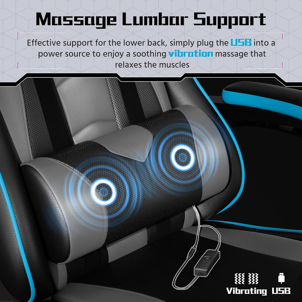 Gaming Chair, Video Game Chair with Massage Lumbar Support and Footrest Height Adjustable Ergonomic Computer Chair with Swivel Seat and Headrest, Black/Gray