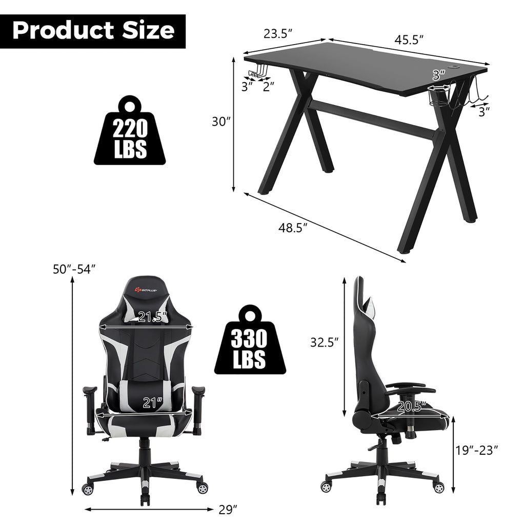 Goplus X-Shaped Gaming Desk & Racing Style Massage Chair Set Home Office Black+White