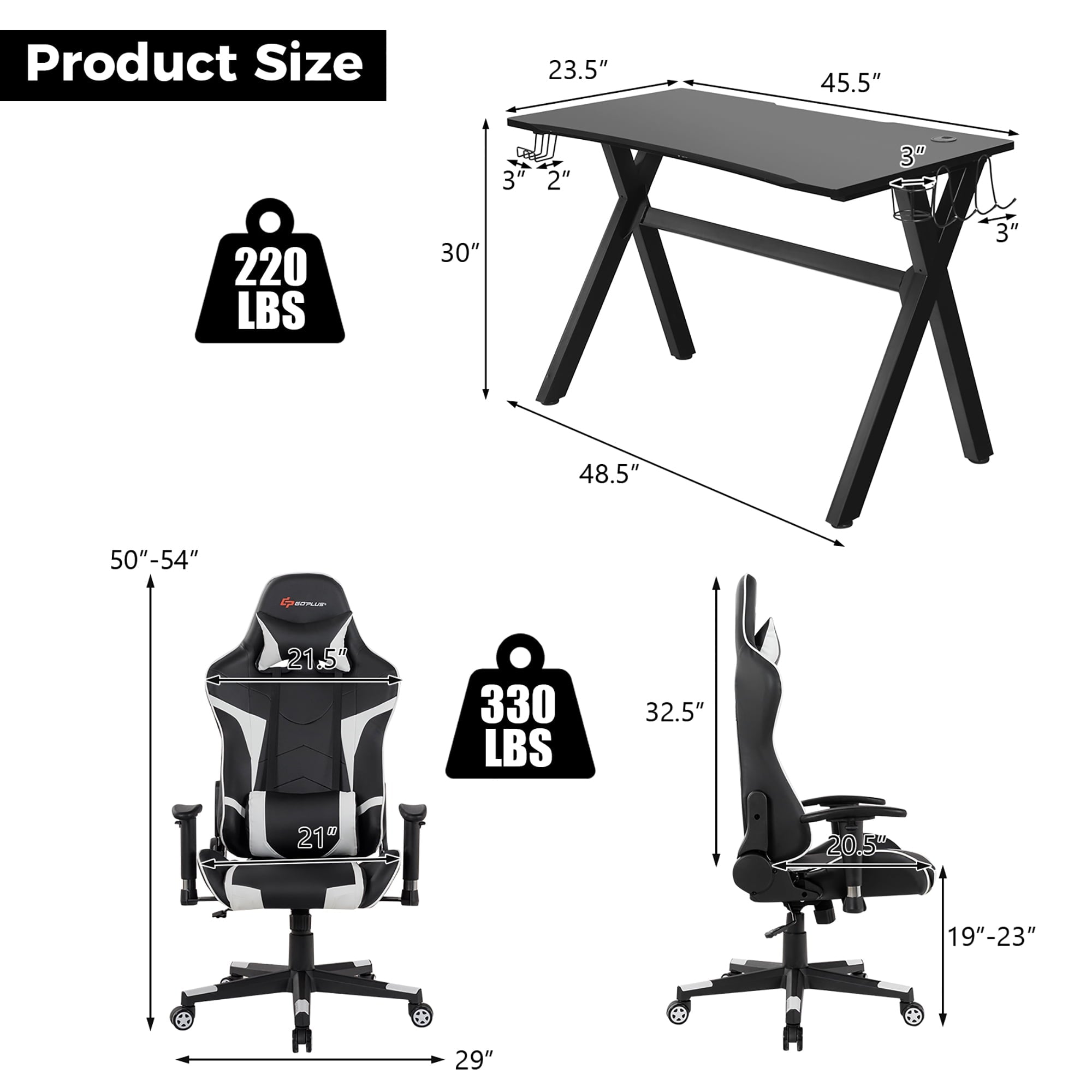 Goplus X-Shaped Gaming Desk & Racing Style Massage Chair Set Home Office Black+White