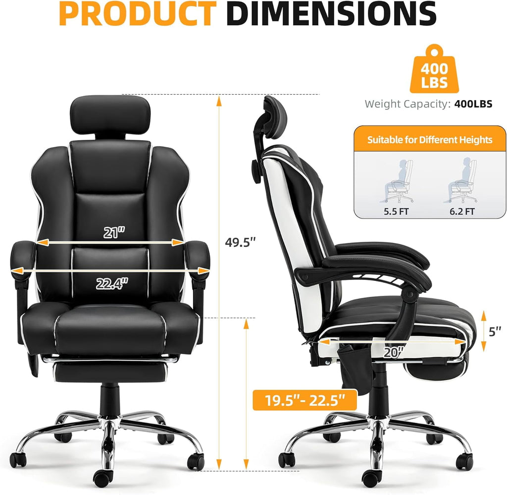 HOMREST 6-Point Massage Office Chair with Footrest, Heated Executive Office Chair with Reclining Backrest, Ergonomic Gaming Chair with Padded Armrest, Black
