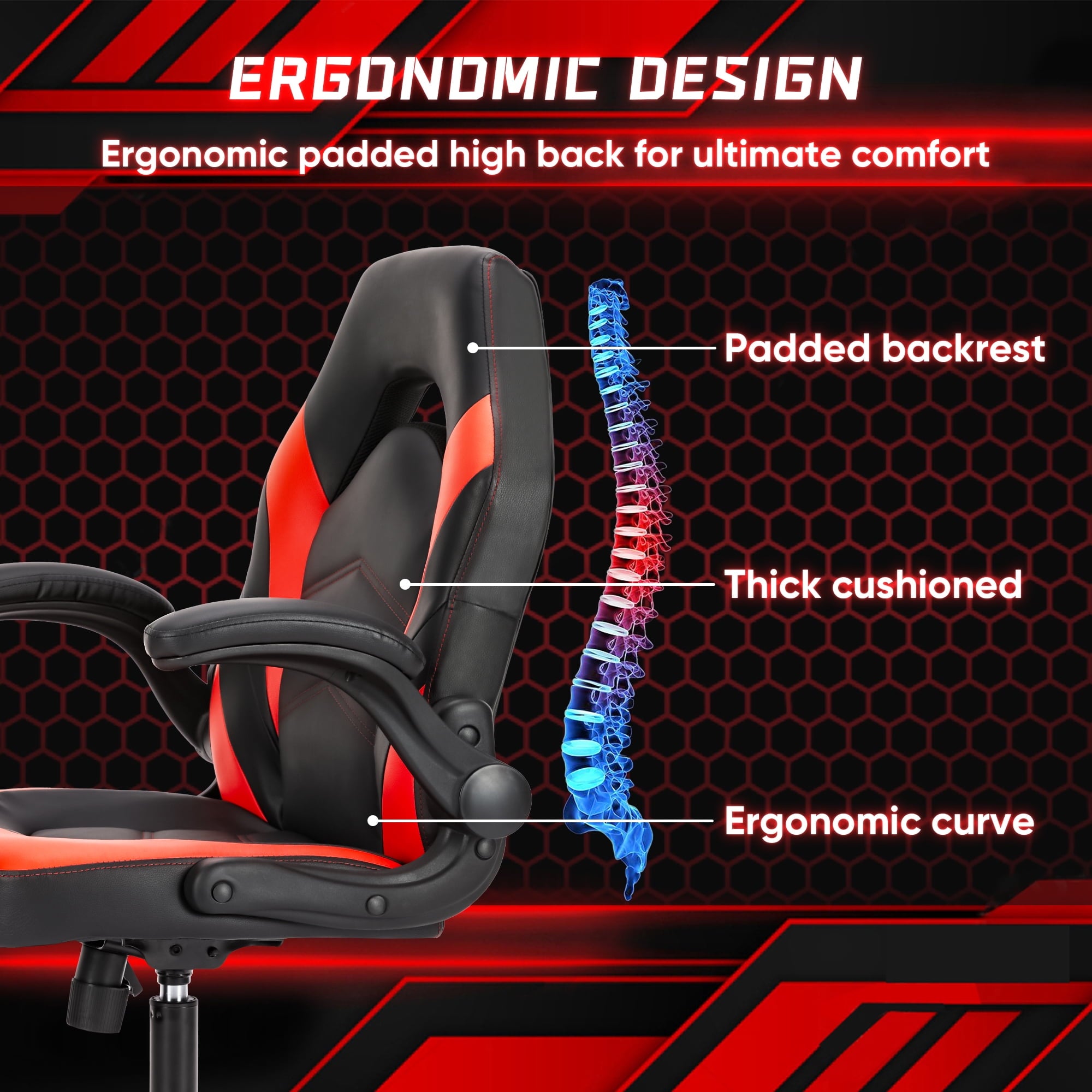 JOINSUN Gaming Chair PU Leather Office Chair Flip-up Soft Armrest Desk Chair Height Adjustable Computer Chair with Lumbar Support Swivel Chair, Black and Red