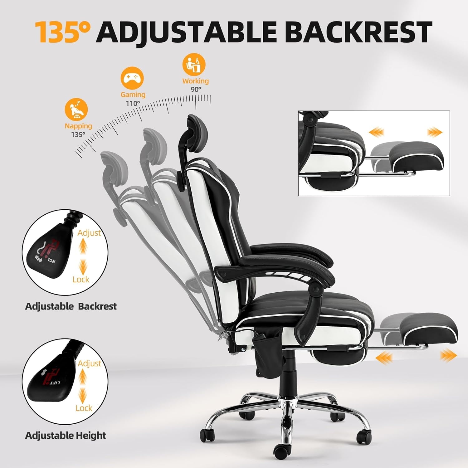 HOMREST 6-Point Massage Office Chair with Footrest, Heated Executive Office Chair with Reclining Backrest, Ergonomic Gaming Chair with Padded Armrest, Black