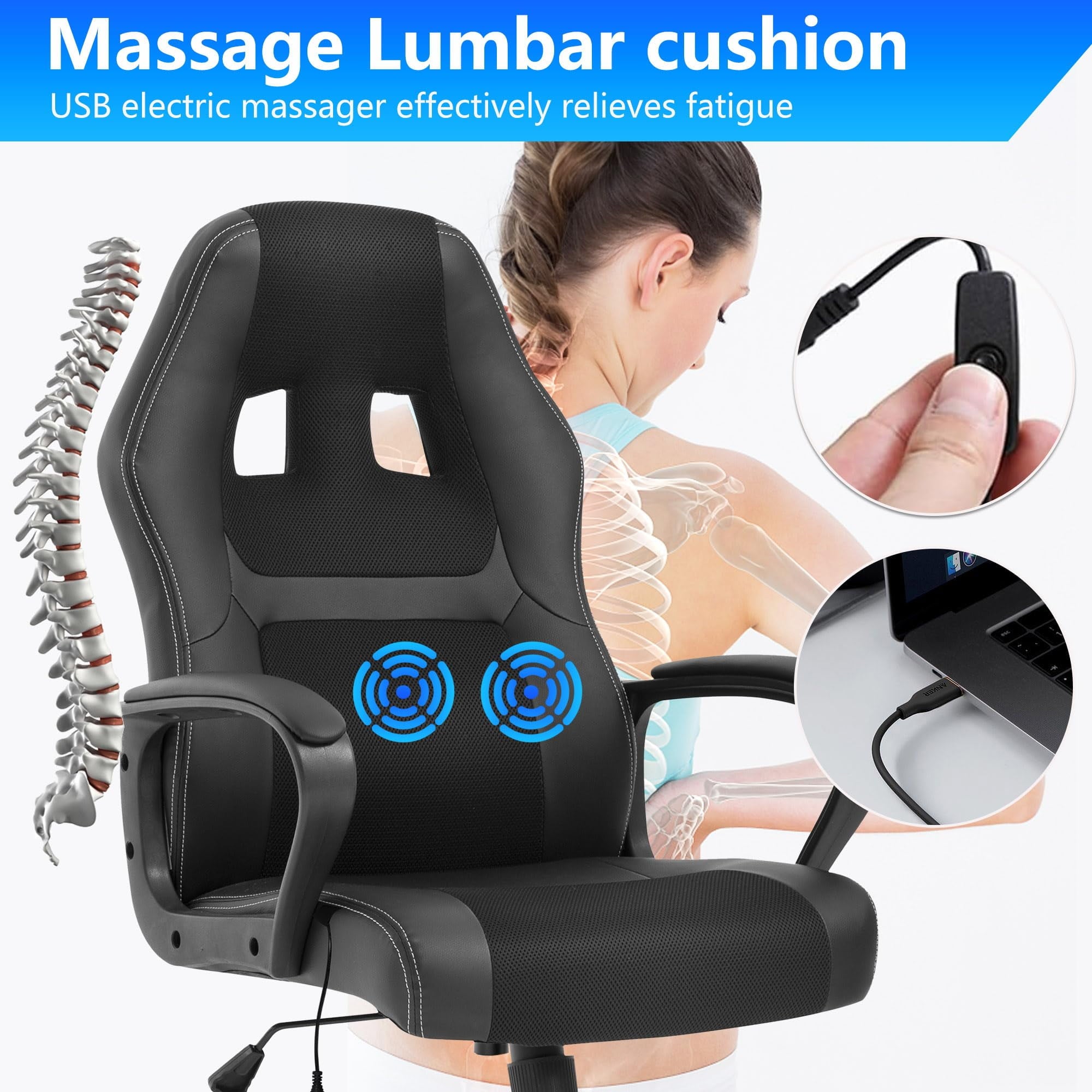PayLessHere Gaming Office Chair - PU Leather w/Massage & 360° Swivel for Adults，Black
