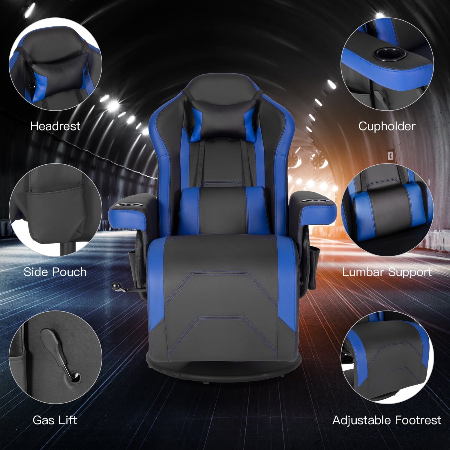 Video Gaming Chair Recliner Ergonomic High Back Swivel Reclining Chair with Cupholder, Headrest, Lumbar Support, Adjustable Backrest and Footrest, Black Blue