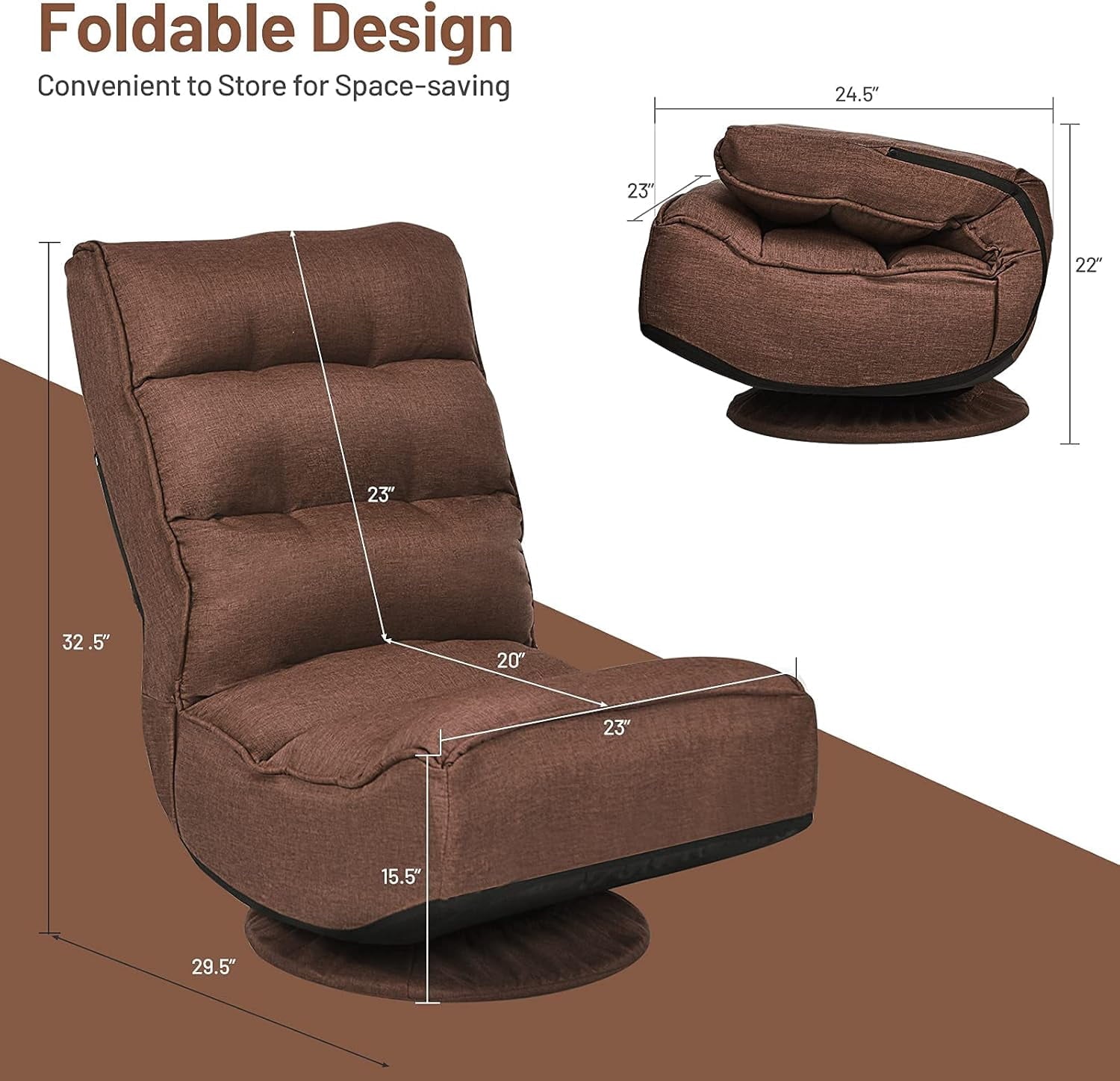 Killeryuki 360 Degree Swivel Gaming Chair, 6 Position Adjustable Folding Floor Chair, 300lb Spring Support, Comfortable Padded Backrest, Lazy Sofa Chair Game Rocker for Teens Adults (Coffee)