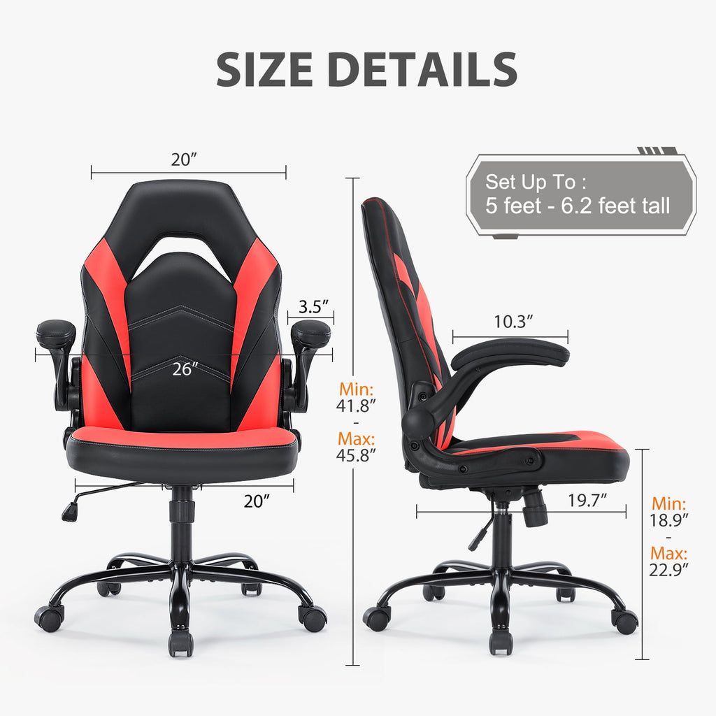 JOINSUN Gaming Chair PU Leather Office Chair Flip-up Soft Armrest Desk Chair Height Adjustable Computer Chair with Lumbar Support Swivel Chair, Black and Red