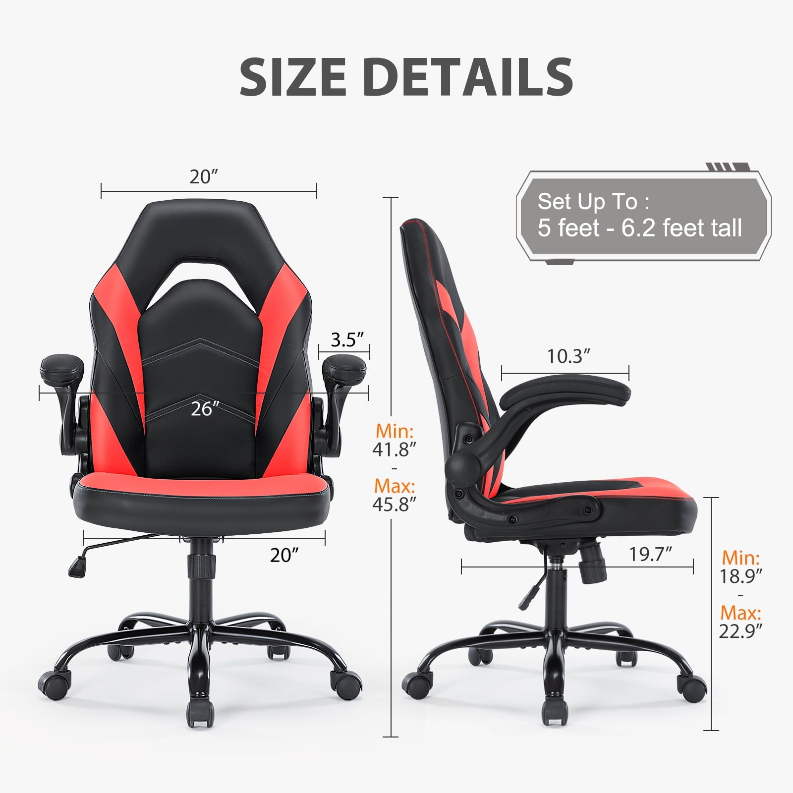 JOINSUN Gaming Chair PU Leather Office Chair Flip-up Soft Armrest Desk Chair Height Adjustable Computer Chair with Lumbar Support Swivel Chair, Black and Red