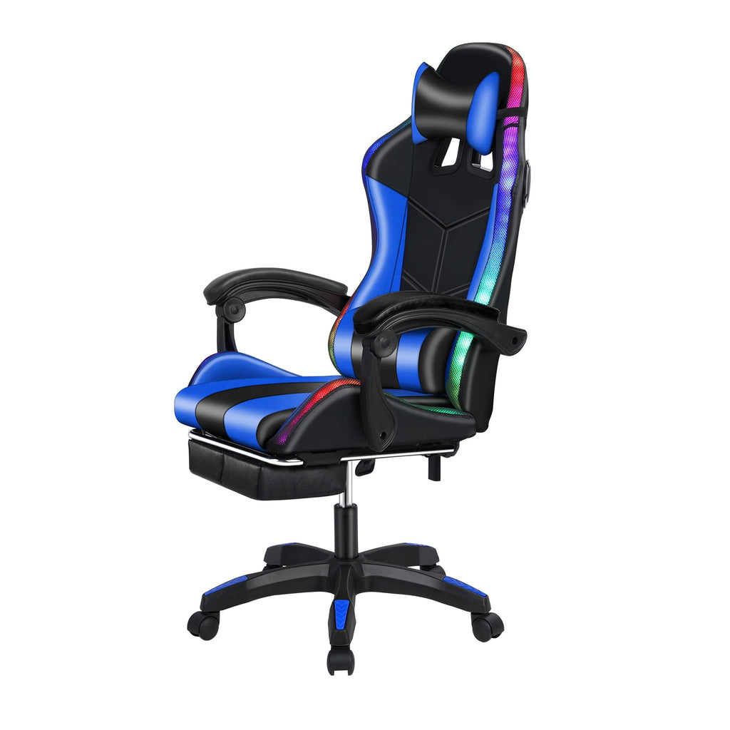 Gaming Chair with Bluetooth Speakers and LED Lights Ergonomic Massage Video Game Chair with Footrest High Back with Lumbar Support Blue and Black