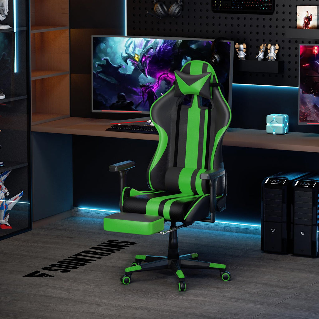 Gaming Chair with Footrest, Leather Ergonomic Gaming Chairs for Adults with Massage Lumbar Support & Headrest for Office Work, Comfortable Computer Chair, Green