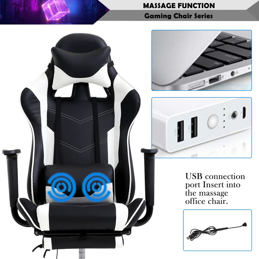Gaming Chair Computer Massage Chair Reclining Office Chair with Footrest Lumbar Massage Support Adjustable High Back PU Leather Ergonomic Game Chair for Adults(White)