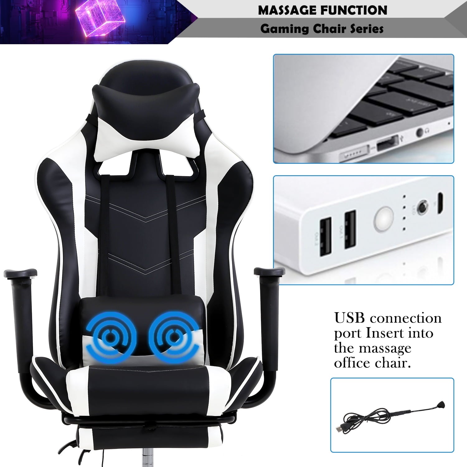 Gaming Chair Computer Massage Chair Reclining Office Chair with Footrest Lumbar Massage Support Adjustable High Back PU Leather Ergonomic Game Chair for Adults(White)