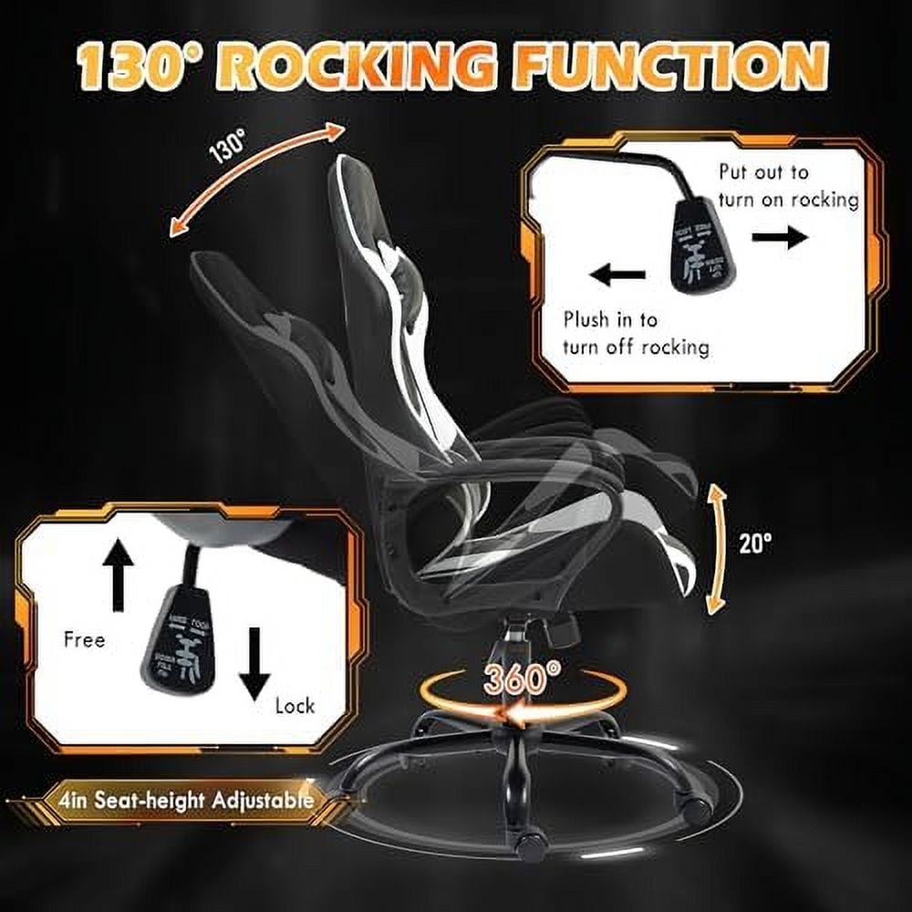 Gaming Chair, Ergonomic Computer Gamer Chair with Massage Lumbar Support & Rocking High Back, 360° Swivel Video Game Chair for Gaming or Office, Height Adjustable (White)