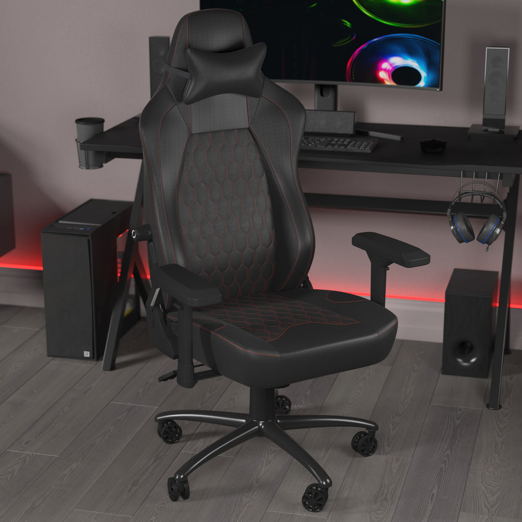 EMMA + OLIVER Gaming Chair with Adjustable Lumbar Support and Head Pillow, Black/Red