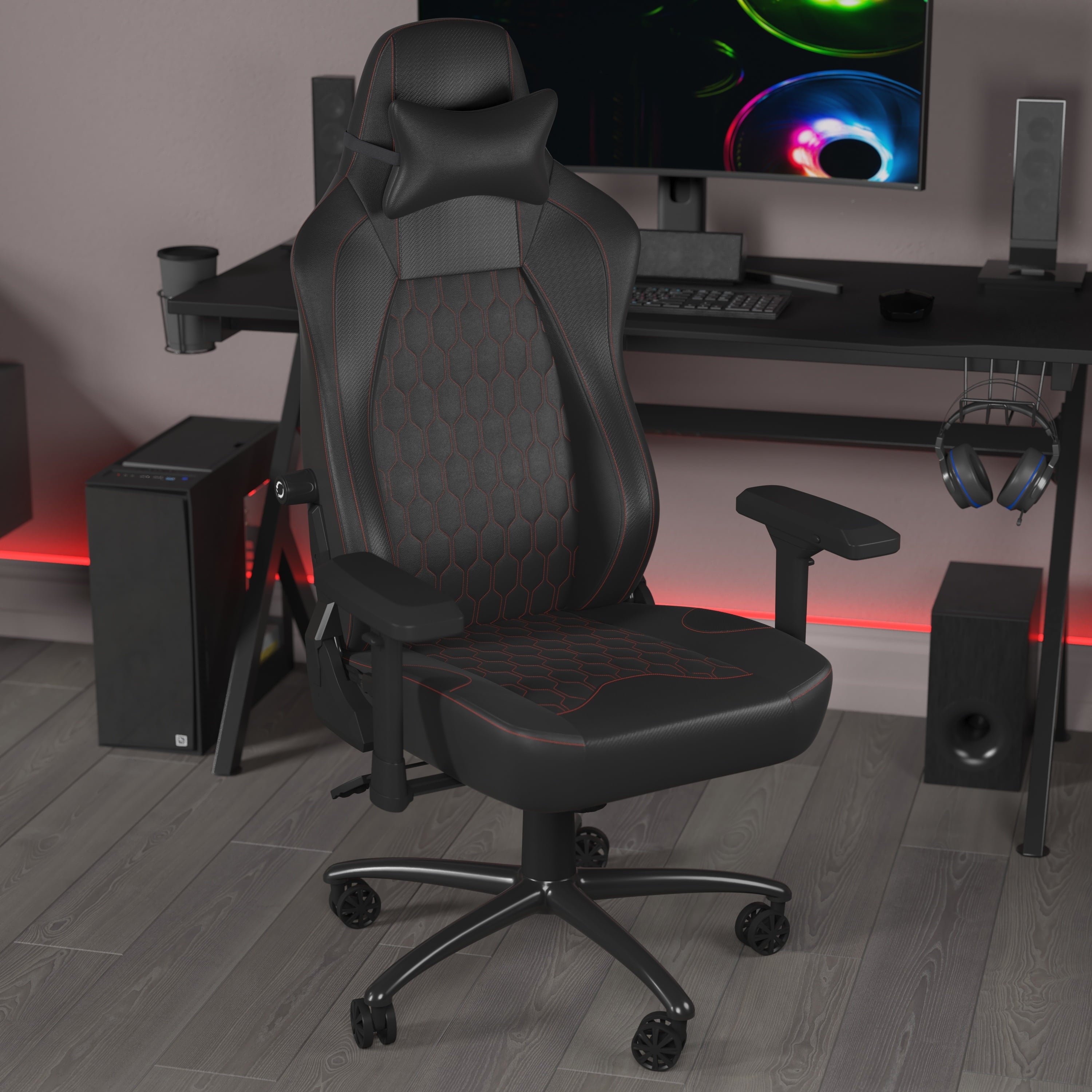 EMMA + OLIVER Gaming Chair with Adjustable Lumbar Support and Head Pillow, Black/Red