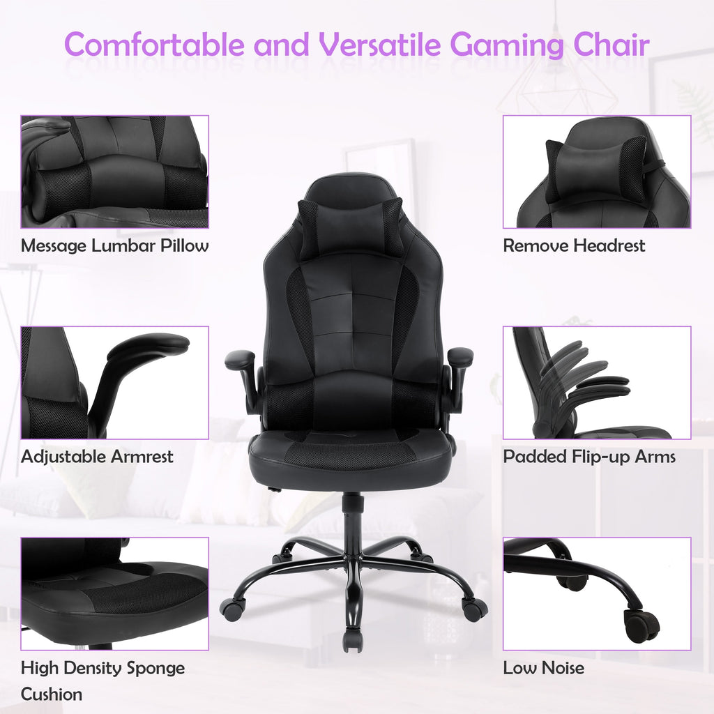 CL.HPAHKL Gaming Chair, Office Chair Video Game Chair for Adults Ergonomic PU Leather Gaming Office Chair Adjustable Armrest PC Gamer Chair (Black)