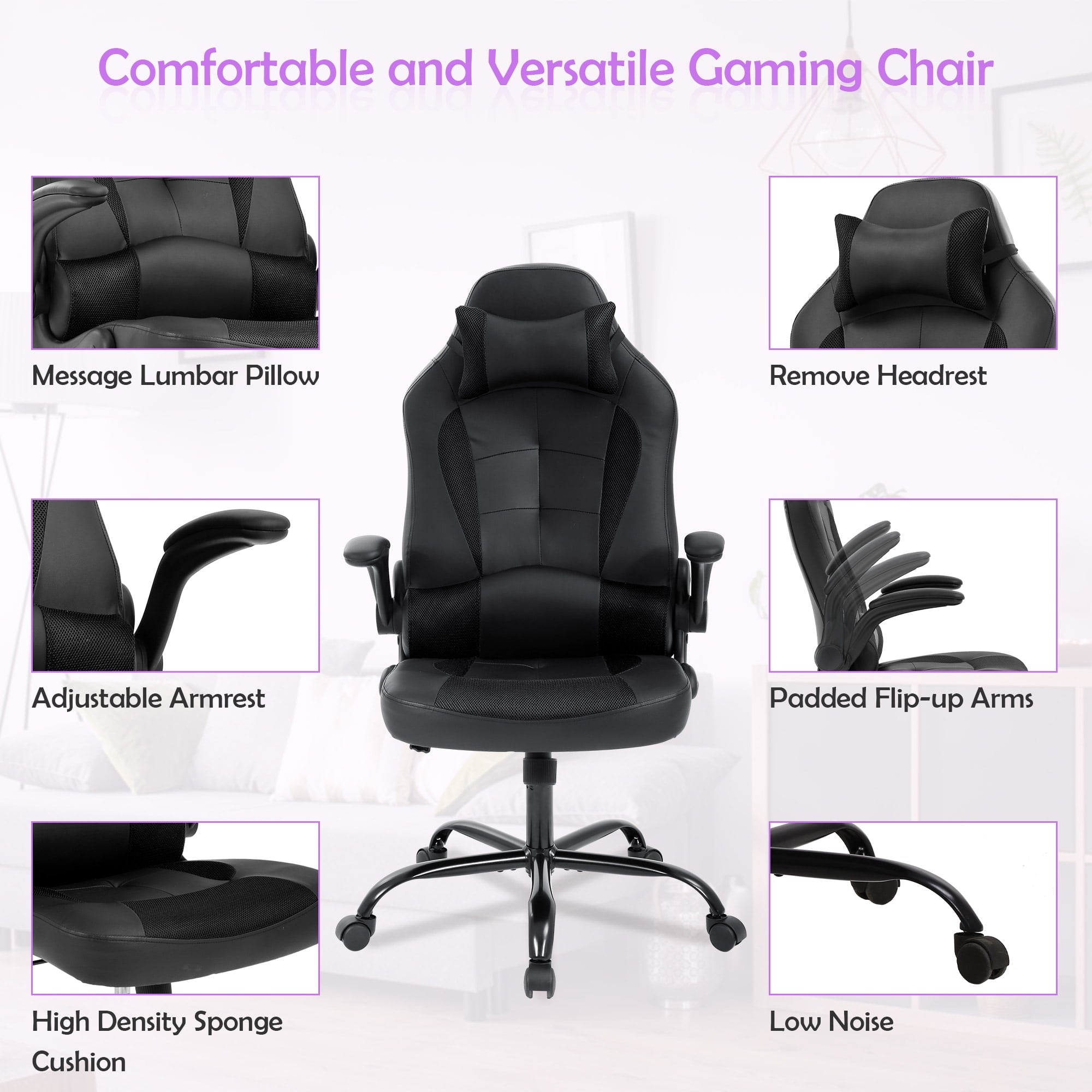 CL.HPAHKL Gaming Chair, Office Chair Video Game Chair for Adults Ergonomic PU Leather Gaming Office Chair Adjustable Armrest PC Gamer Chair (Black)