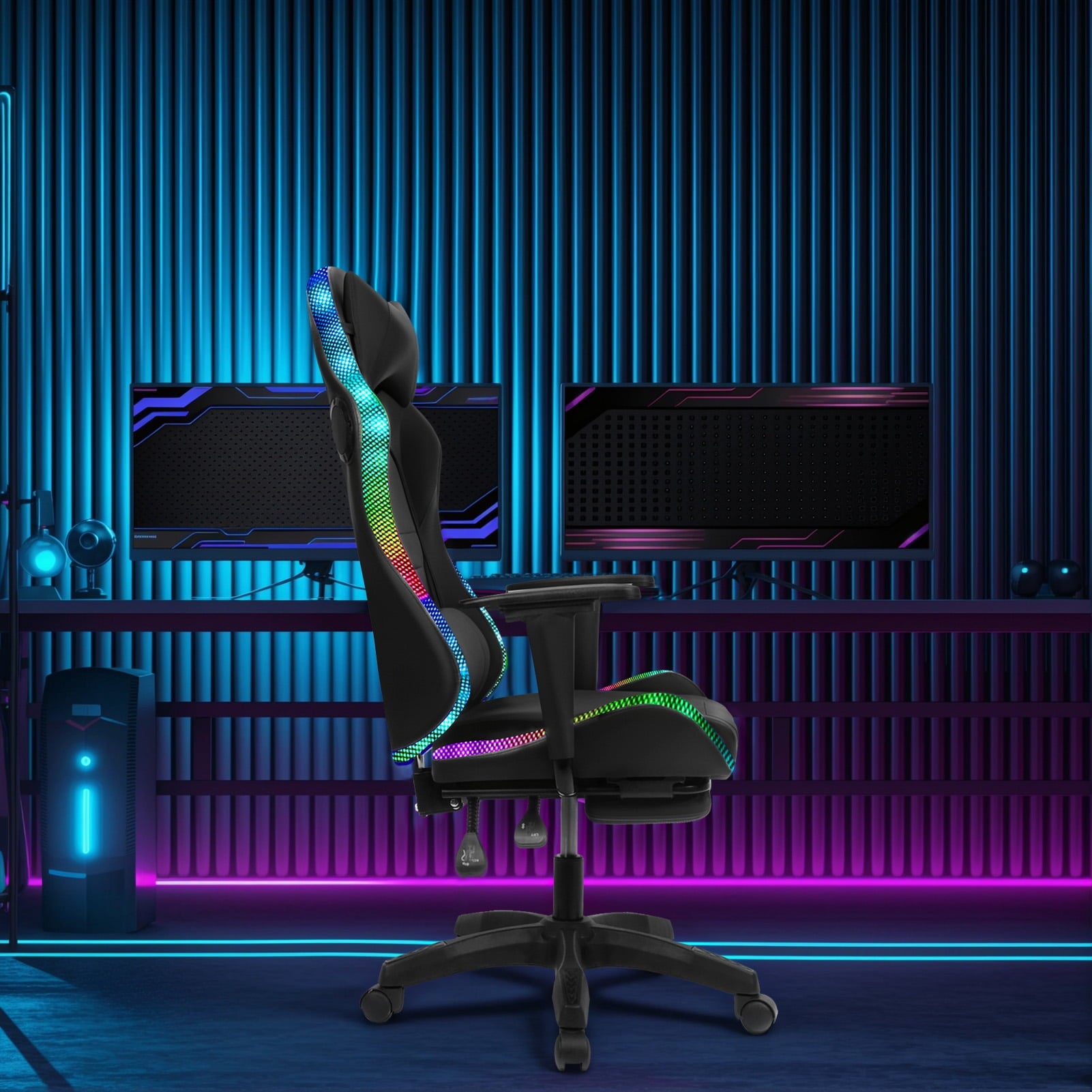 AQRS Gaming Chair with Retractable Footrest, 350lbs Load Capacity Office Executive Chair with Two Bluetooth-compatible Speakers, Multiple RGB LED Light Modes 360 Degree Rotation Game Chair