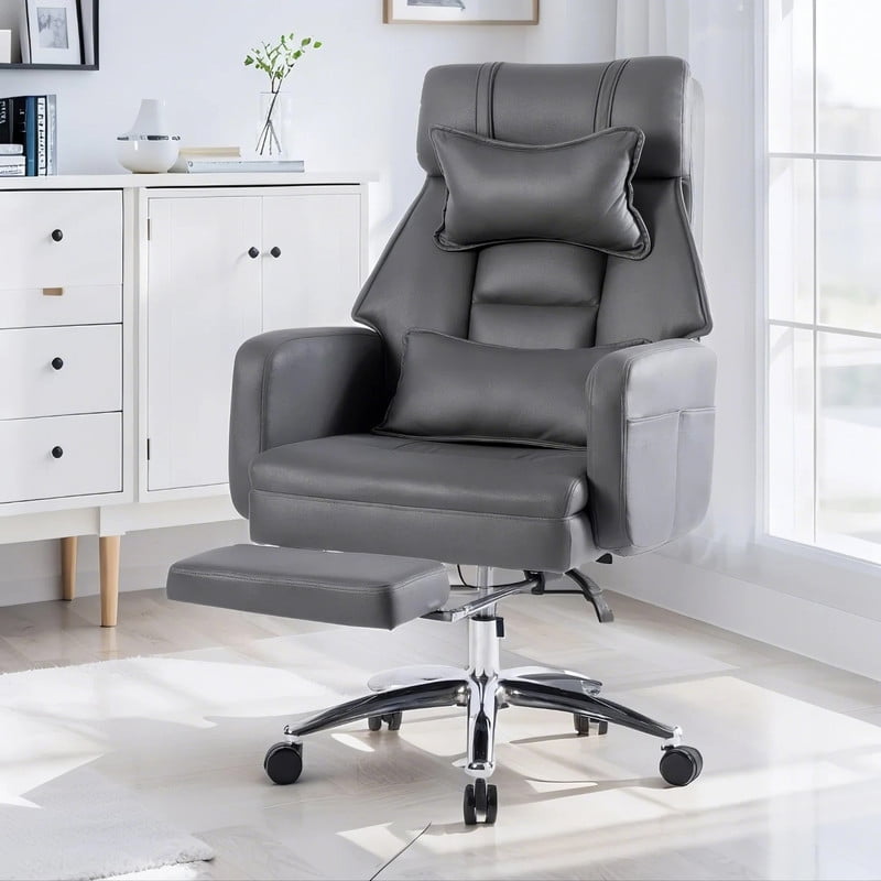 EBQOSK Swivel Ergonomic Office Chair, Technology Leather High Back Office Chair with Lumbar Support Headrest, Sedentary Comfortable Boss Chair, 155° Reclining Computer Chair Dark Gray