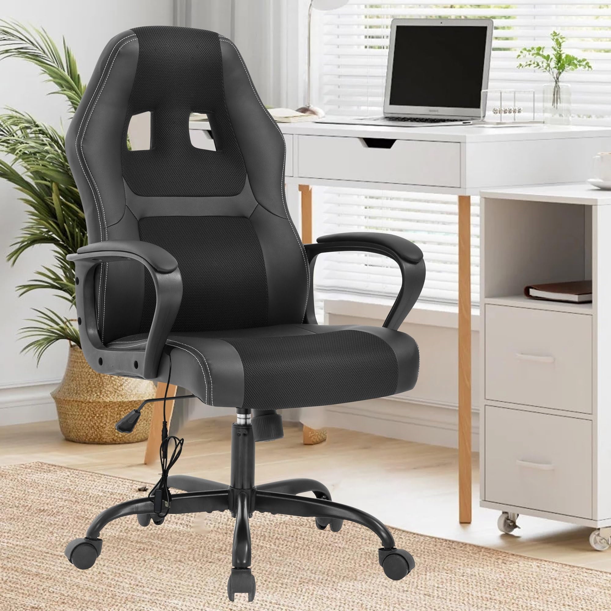 PayLessHere Gaming Office Chair - PU Leather w/Massage & 360° Swivel for Adults，Black