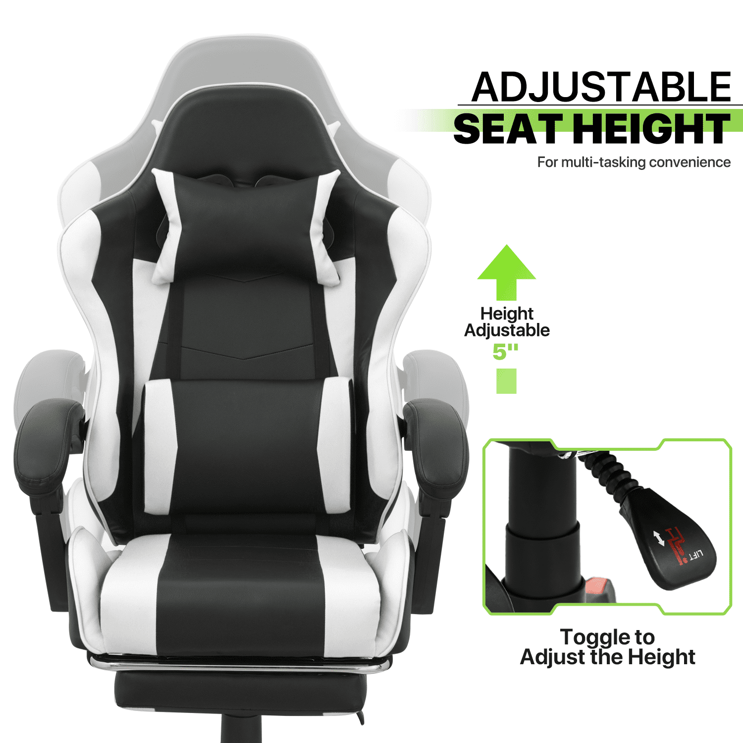 Magshion Rolling Gaming Chair, Adjustable Faux Leather Computer Seat with Lumbar Support for Adults Teens Desk Chair, White